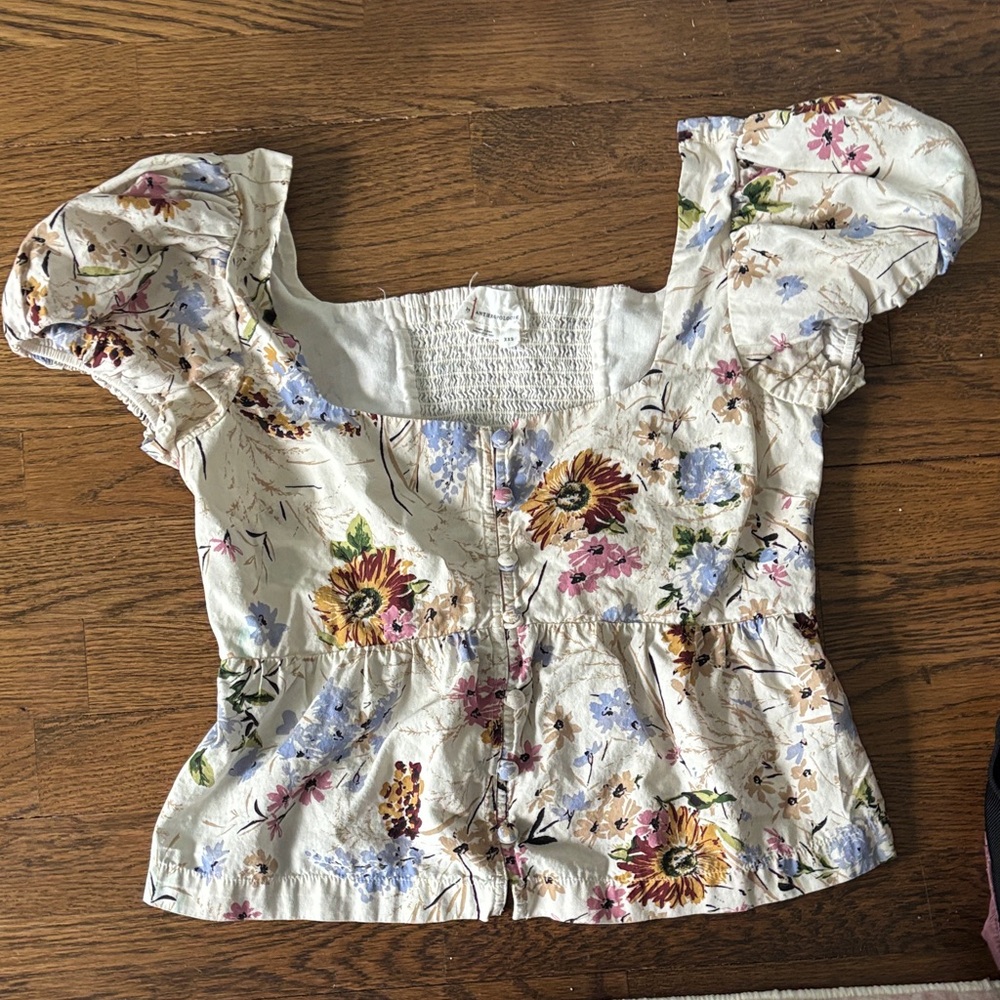 Anthropologie Floral Puff-Sleeve Square Neck Top - White Size XXS